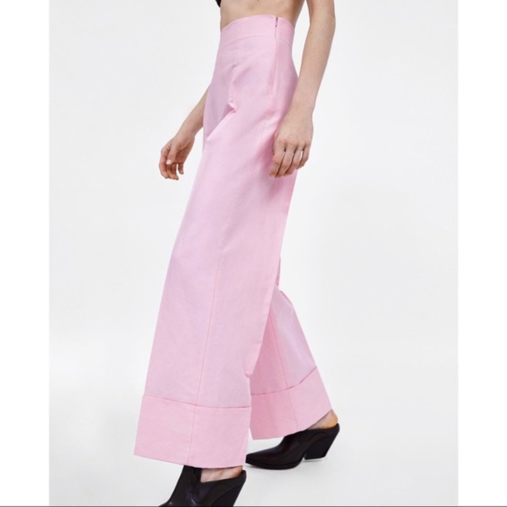 Zara High Waist Wide Leg Cuffed Trouser Pants | S